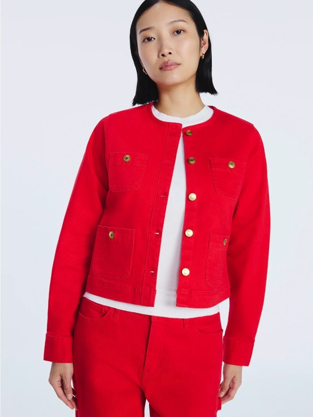 Free Assembly Red Denim Gold-Button Crop Jacket